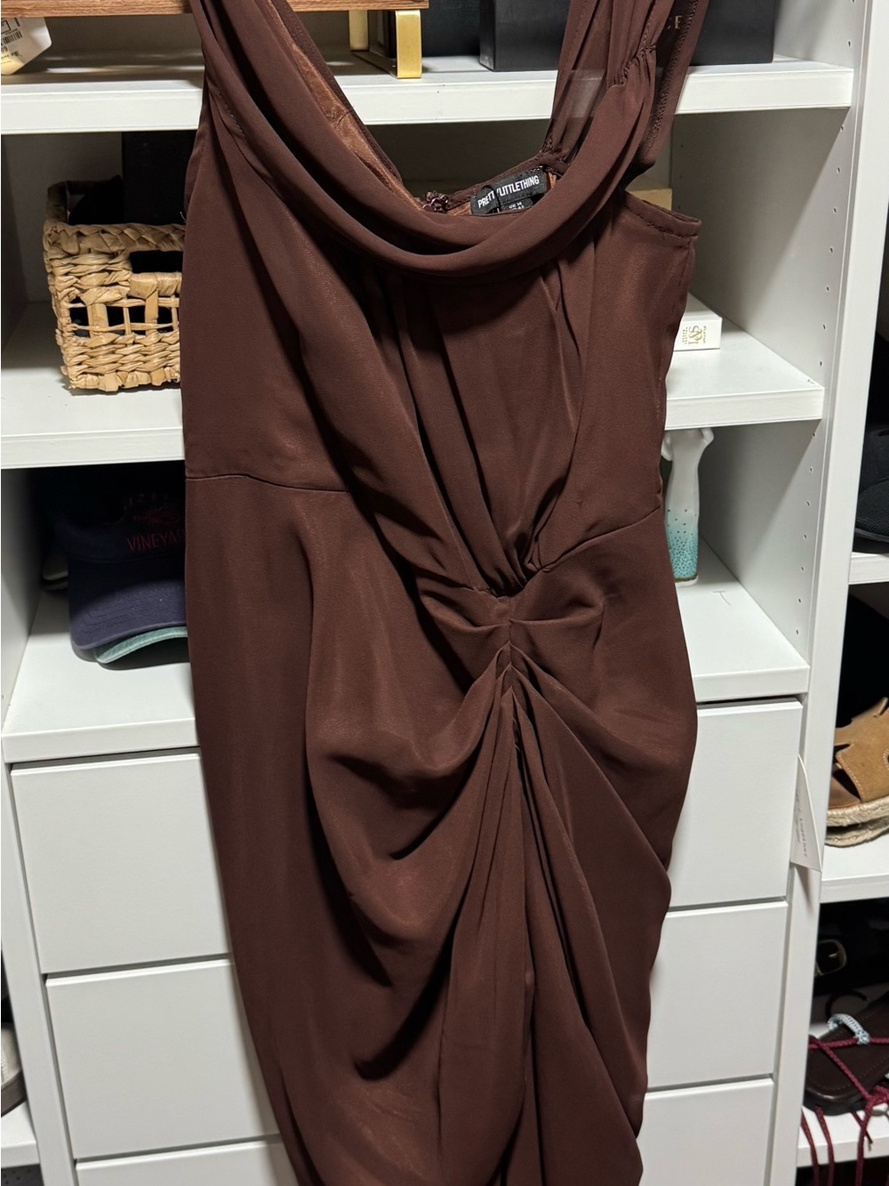 NWT PrettyLittleThing One-Shoulder Brown Twist-Front Draped Dress